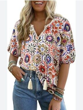 NWT Vivilli Peasant Blouse Multi Boho Embroidered Tassel Tie Rayon Nylon XXL